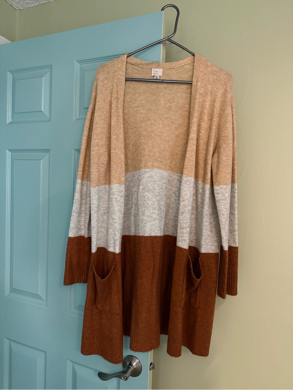 A New Day Colorblock Open-Front Cardigan Sweater in Tan, Gray & Brown